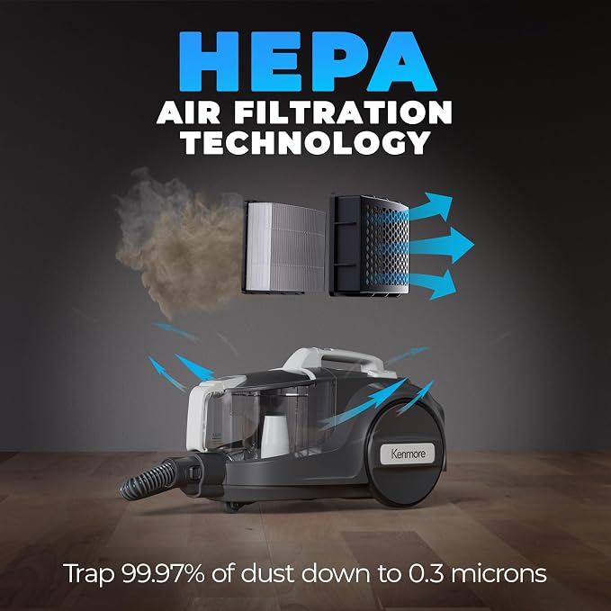 Kenmore DC5070.01 Upgrade 500 Series Bagless Canister Vacuum with Hair Eliminator Brushroll，2-Motor Cyclonic Technology, HEPA Filtration & 24' Auto Cord Rewind for Pet, Carpets, Hard Floors, Stairs