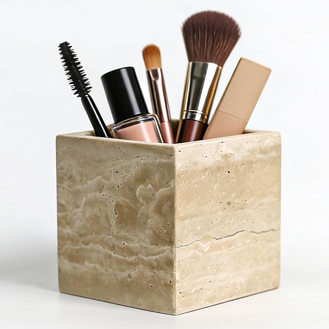 Natural Stone Makeup Brush Holder for Vanity, Marble Toothbrush Holder for Bathroom, Luxurious Countertop Organizer, Travertine Bathroom Accessories Beige Square