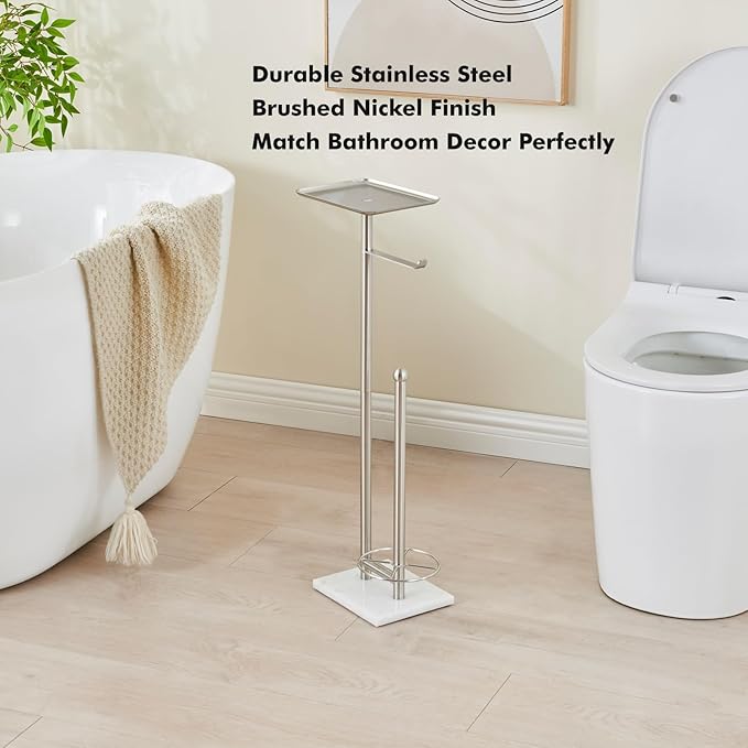 Toilet Paper Holder with Tray at The Top, Sturdy Marble Base No Wobby, Holding Extra 3 Toilet Paper Rolls As Spare Use, Freestanding No Drilling (Brushed Nickel)