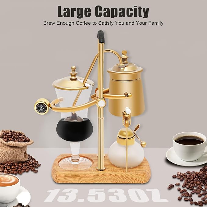 Gold Siphon Coffee Maker, 400ml Vintage Vacuum Coffee Brewer with Wooden Base, Electric Glass Balance Siphon Pot for Home, Kitchen, Coffee Shop - Manual Brewing Equipment with Measuring Cup & Spoon