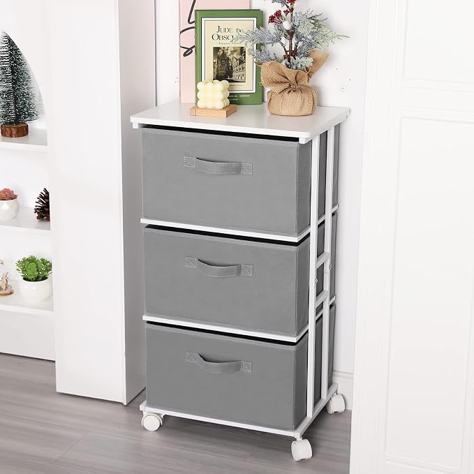 MAX Houser Dresser Tower with 3 Drawers,Fabric Dresser Drawer Organizer Unit,Dresser Chest with Wood Top,Vertical Storage Dresser,Small Dresser for Bedroom,Office-Dark Grey | Fabric Storage Organizer Unit, Chest of Drawers with with WoodTop, Small Vert...