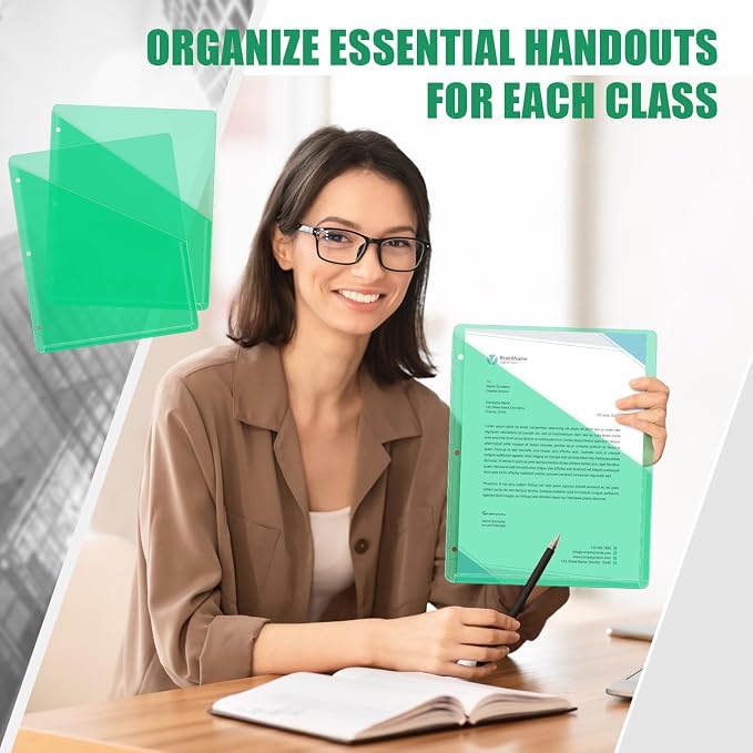 Seajan 100 Pcs Pocket Folders for 3 Ring Binder Clear Plastic Folders Sleeves with 2 Pockets 3 Hole Punch Binder Dividers Poly Slash File Jackets for Office School Document Organizer (Green)