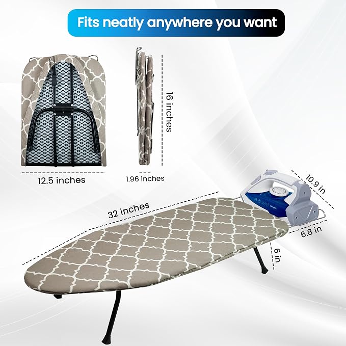 Metal Mesh Panel Tabletop Ironing Board | Foldable Iron Board | Heavy Duty Small Iron Board with Heat Resistant Cover and 100% Cotton 8mm Thicken Pad (Mesh)