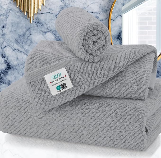 VOOVA & MOVAS 3PC Towel Set, 100% Cotton, Gray | 1 Large Bath 30x56 In, 1 Hand 18x28 In, 1 Wash Cloth 13x13 In, Quick Dry, Soft, Thick, Bathroom Essentials