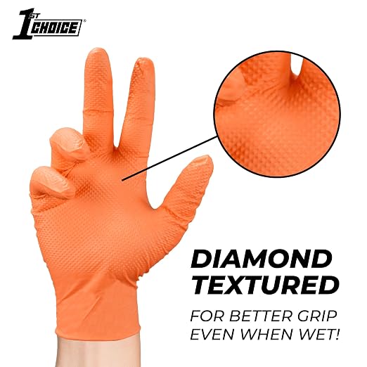 1st Choice Orange 6 mil Nitrile Disposable Gloves Diamond Grip XL 200 | Bulk Purchasing Options, Medium Duty Gloves for Mechanics, Business, and Household Tasks, Food Safe and Chemical Resistant