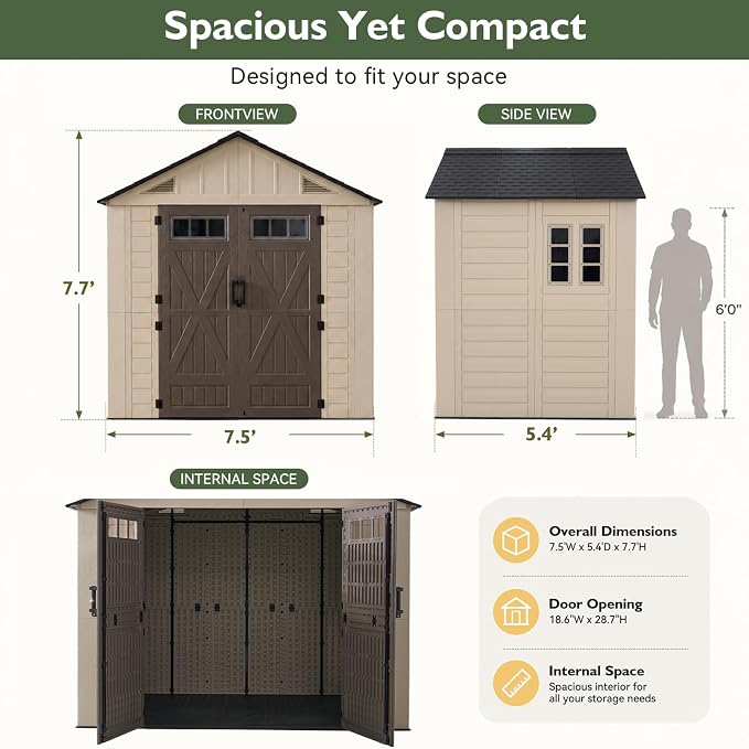 Aoxun 8x6 Ft Outdoor Storage Shed with Lighe & Floor, Large Resin Outdoor Shed with Lockable Door & Windows, Garden HDPE Sheds for Lawn Tools, Pool Supplies & Bikes