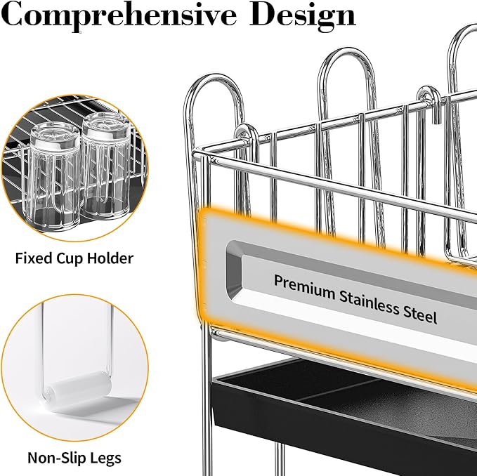 Delamu 2 Tier Dish Drying Rack, Large Dish Racks for Kitchen Counter, Stainless Steel Multifunctional Dish Drainer with Cutlery & Cup Holders, Extendable from 13.4 to 28.7 in, Black