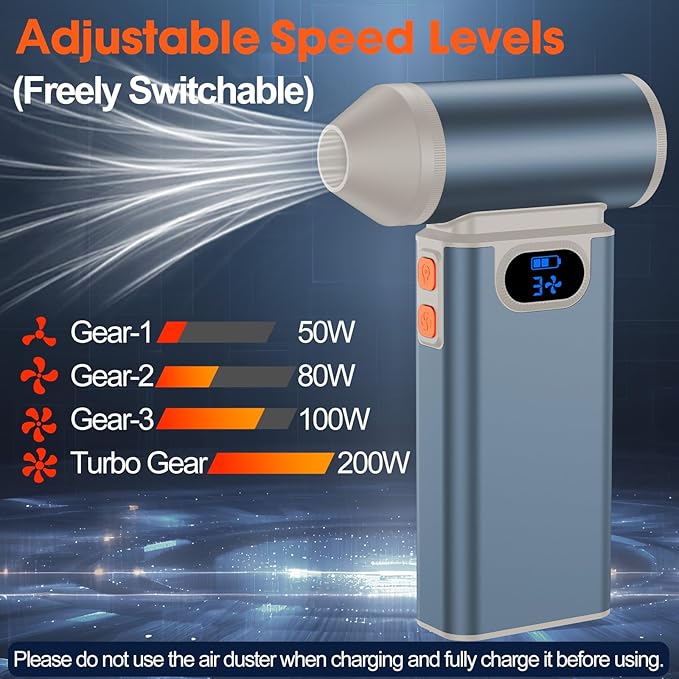 Metal Electric Compressed Air Duster, 300000RPM High Speed Rechargeable Air Blower&Pump for Leaf Blower with Digital Display, 4-Speed Modes-Brushless Motor Mini PC Dust Cleaner with Light(Black)