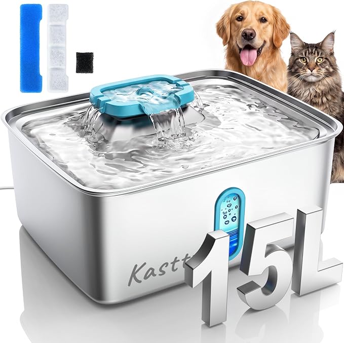 Kastty 4Gal/15L Large Dog Water Fountain, Stainless Steel Pet Water Fountain with Water Level Window and LED Light, Ultra Quiet Dog Water Bowl Dispenser for Large Dog, Easy to Clean(FS78, Blue)