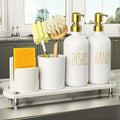 Cisily Kitchen Soap Dispenser Set Comes with Ceramics Sponge Holder, Gold Pumps, and Instant Dry Tray, Hand and Dish Soap Dispenser Set (5, Gold + White + Brush Holder + Sponge Holder)