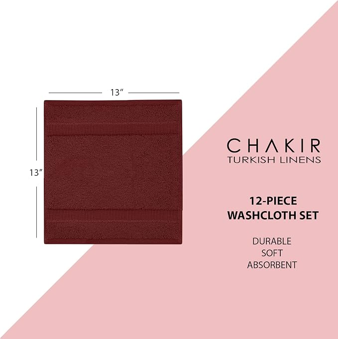 Chakir Turkish Linens 12 Piece Washcloth Set, 100% Cotton Luxury Turkish Washcloths for Bathroom, Soft Absorbent Washcloths, 13 x 13 Inches, Cranberry