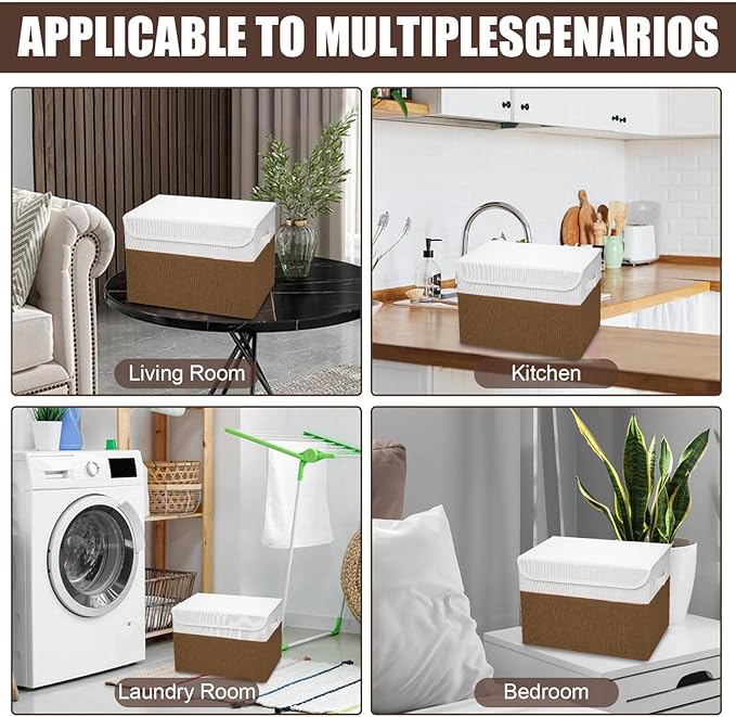 Bagnizer Large 22 Quart Linen Fabric Foldable Storage Bin Cube Organizer Basket with Flip-Top Lid & Handles, Clothes Blanket Box for Home, Office, Closet, Brown & White, 4 Pack 14.6 x 9.5 x 9.5