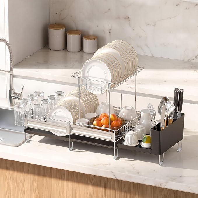 Delamu 2 Tier Dish Drying Rack, Large Dish Racks for Kitchen Counter, Stainless Steel Multifunctional Dish Drainer with Cutlery & Cup Holders, Extendable from 13.4 to 28.7 in, Black