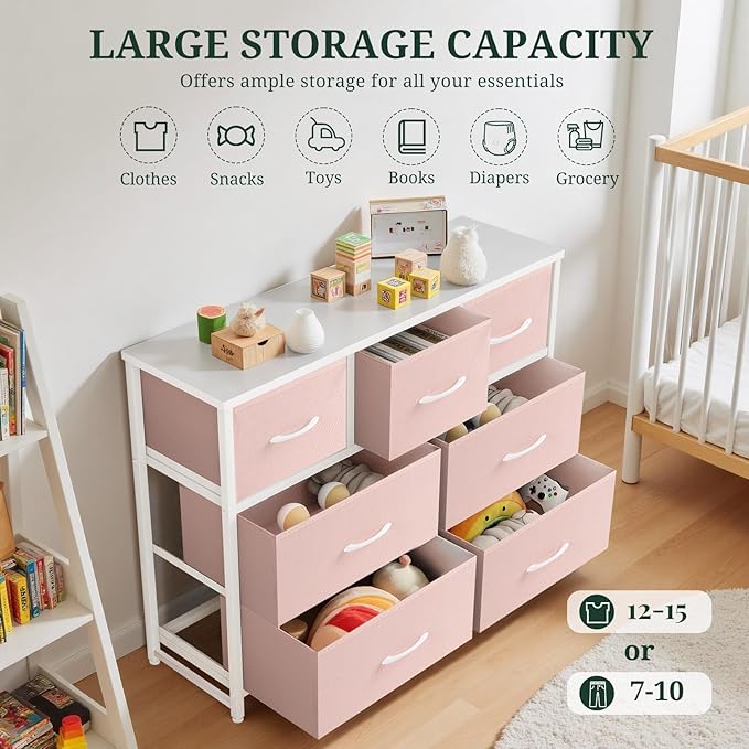 7-Drawer Dresser for Bedroom, Anti-Tip Wide Storage Organizer Fabric Chest of Drawers TV Stand for 45" TV with Wooden Top and Metal Frame for Closet, Living Room, Hallway, Entryway, Pink