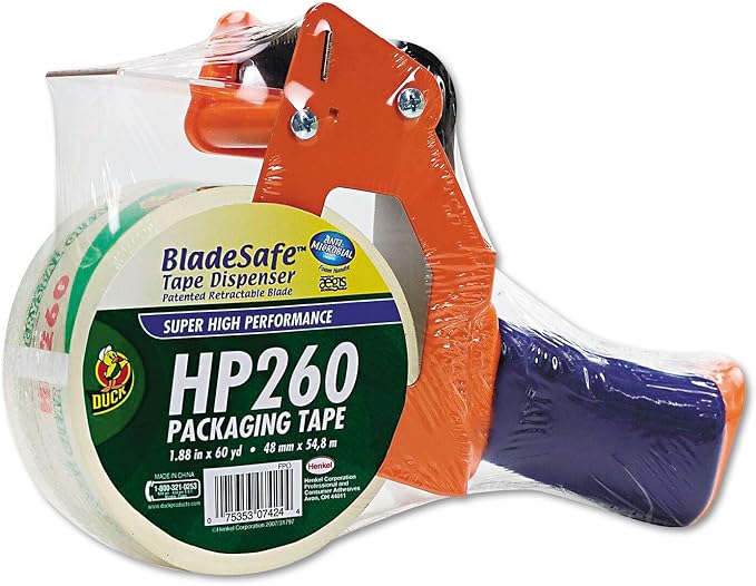 Duck Bladesafe 1078566 Bladesafe Antimicrobial Tape Gun w/Tape, 3-Inch Core, Metal/Plastic, Orange