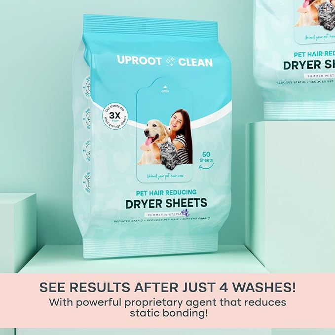 Uproot Clean Washing Machine Cleaner Tablets Ultra & Dryer Sheets Pet Hair Reduction Set: Anti-Static Pet Hair Remover for Laundry & 40% Stronger Washer Machine Cleaning Tablets - Perfect Laundry Set