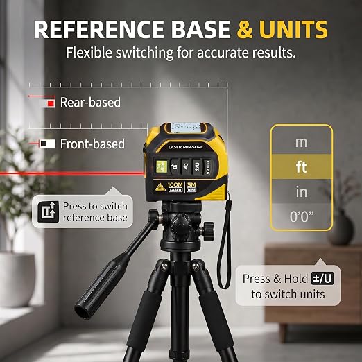 4-in-1 Digital Laser Tape Measure, 16FT Tape, 328FT Distance Meter | 33FT cross-line laser for room measurements, furniture layout, doorway clearance, picture hanging and shelf installation.