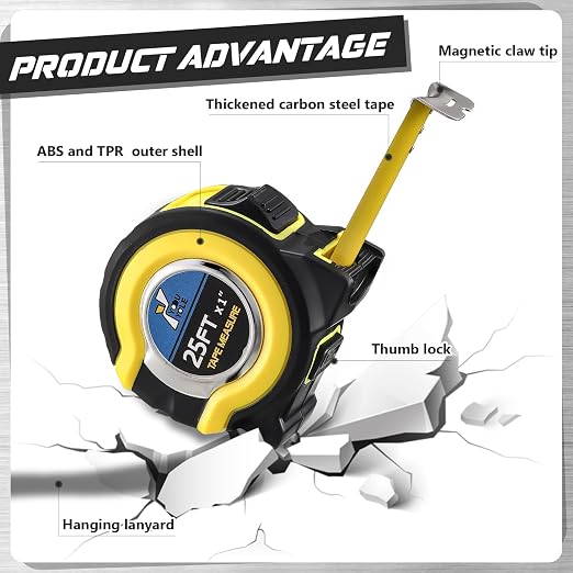 Youyole 10 Pack Tape Measure with Fractions 1/8 Steel Measuring Tape Retractable Easy Read Measurement Ruler Steel Power Blade (25 ft X 1 in,Yellow)