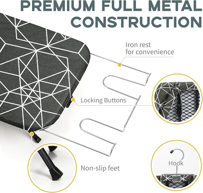 Small Ironing Board Tabletop Foldable, RAINHOL Space-Saving Iron Board, Compact and Portable for Travel and College, with Hook and Iron Holder, Steel Mesh, 32" x 12", Black and White Stripes