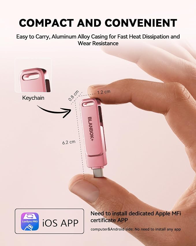 MFi Certified 256GB iPhone Photo Stick, High-Speed USB Flash Drive Memory Storage for Video Backup, Compatible for iPhone/iPad/Android/PC (Pink)