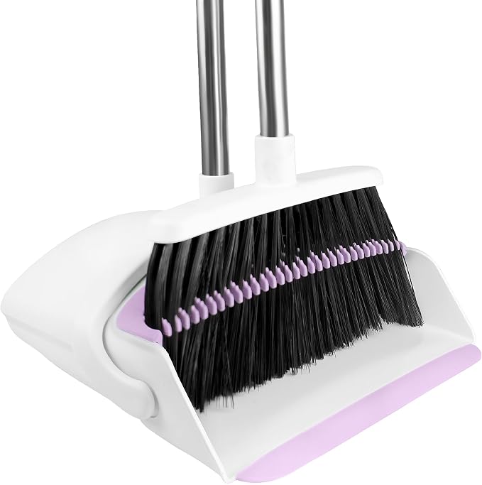 Broom with Dustpan Combo Set for Home, 52-in Long Adjustable Handle Angle Broom and Dustpan Set with Dustpan Comb Teeth for Sweeping Pet Hair Food Dirt Kitchen (White-Purple)