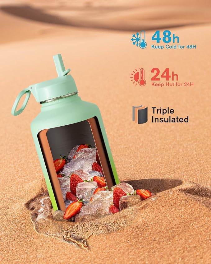 Half Gallon Water Bottle Insulated with Straw & 3 Lids, Coolflask 64 oz Water Jug Large Metal Stainless Steel Wide Mouth for Sports, Gym or Office, Non-BPA Keep Cold 48H Hot 24H, Ombre Green