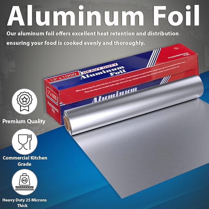 12" x 1000" (1 Pack) Standard Aluminum Foil Roll - Food Service Aluminum Roll - Commercial Grade Disposable Foil Roll for Food Service Industry and Home Use