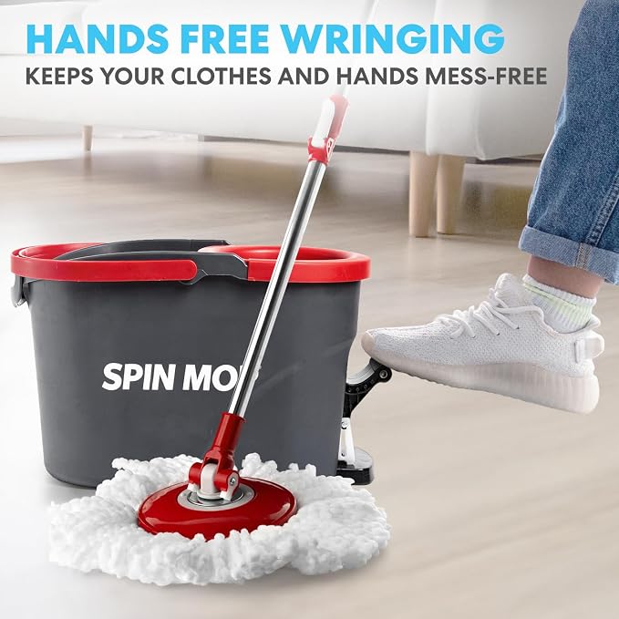Simpli-Magic 79349 Spin Mop Cleaning System with 3 Microfiber Mop Heads, Red/Black