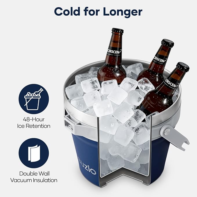 BUZIO 7 L Double Wall Ice Bucket for Parties with Lid and Scoop & Tongs | Insulated Vacuum Stainless Steel Ice Buckets with Handle and Adjustable Shoulder Strap, Fits 6 Longnecks or 3 Wine Bottles