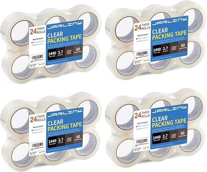 JARLINK 24 Rolls Clear Packing Tape, Heavy Duty Packaging Tape | 2.7mil Thick and 1.88" Wide. 60 Yards per Roll, 1440 Total Yards. Moving Supplies for Shipping Packaging Sealing