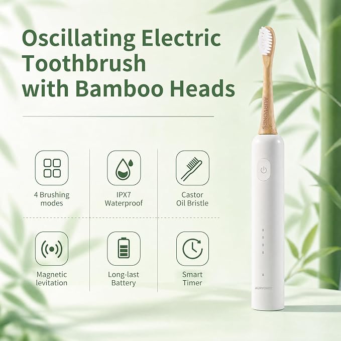 Ultrasonic Oscillating Electric Toothbrush with Bamboo Heads | Wave Bamboo Electric Toothbrush with Smart Timer, Sweeping & Vibrating, 4 Modes, IPX7 Waterproof, 90-Day Battery Life