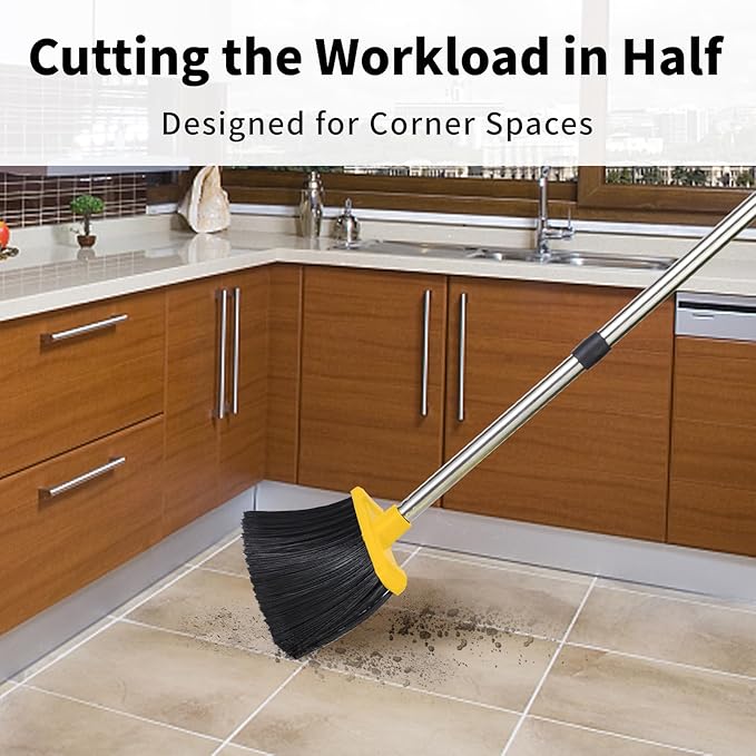 Tiumso Broom with Dustpan Combo Set, Brooms and Dustpans Sets with 51'' Long Handle, Large Dust Pan and Broom, Self-Cleaning Dustpan Teeth for Lobby Kitchen Office - Black and Yellow