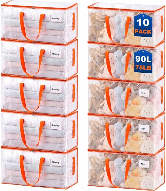 KYODOLED 10-Pack Clear Moving Bags Heavy Duty Extra Large, Storage Totes with Reinforced Handles, Zippers & Label Pocket, Transparent Packing Containers for College Dorm, Clothes, Bedding, Toys