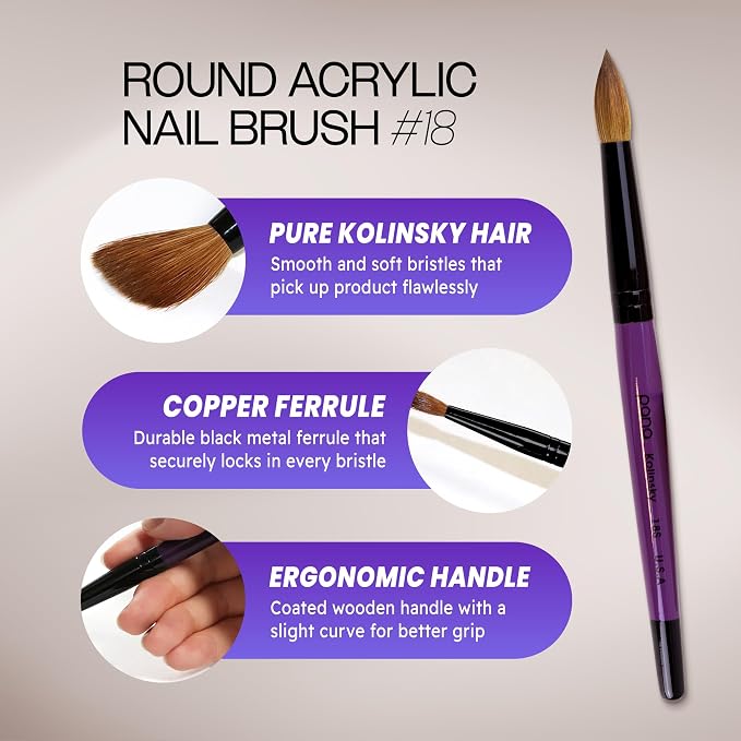 Pure Kolinsky Hair Acrylic Nail Brush - Round Shape Black Ferrule with Purple Wood Handle (Size 18)