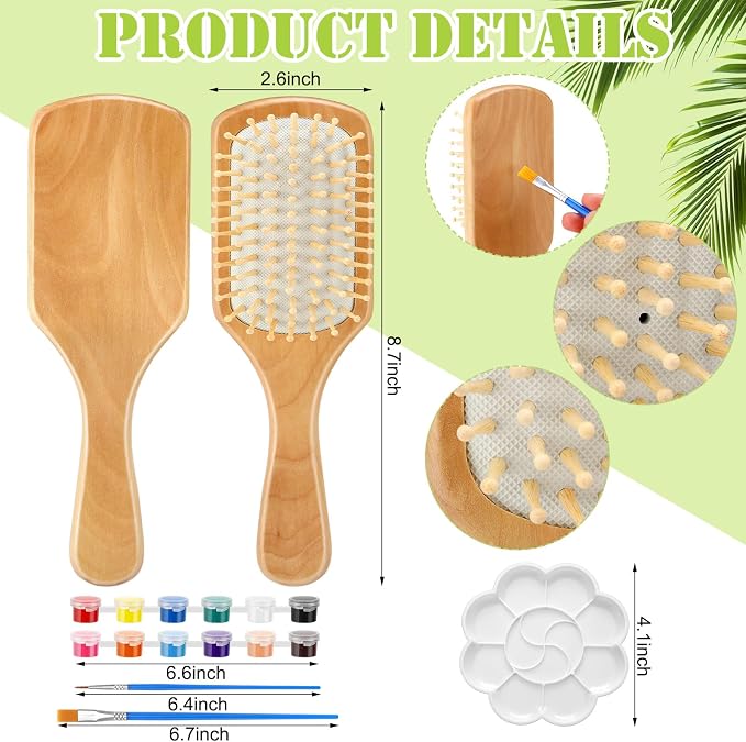 Meanplan 6 Set DIY Wooden Hairbrush Painting Kits Make Your Own Hair Brush Girls Hand-Painted Hairbrush Night Party Supplies with Paint Brush and Palette for DIY Gift Party Crafts