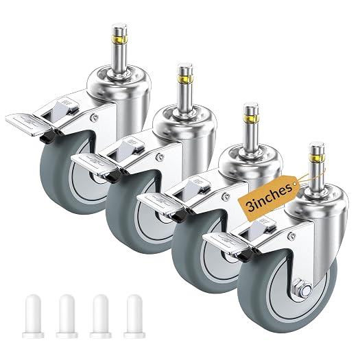 HOLKIE Stem Caster Wheels 3 inch Locking Casters Set of 4, 7/16-Inch Stem Diameter Swivel Castor Heavy Duty TPR Rubber Replacement Castors for Cart, Stool, Mop Bucket, Grill, Shop Vac