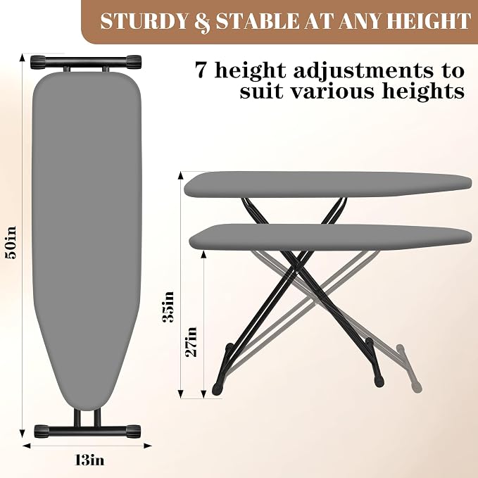 Ironing Board, Compact and Space Saver,Size 13 x 43 | Metal Construction Ironing Boards with Extra Thick Heavy Duty Padded, Stable Structure,Skid Feet, Premium Iron Board (grey)