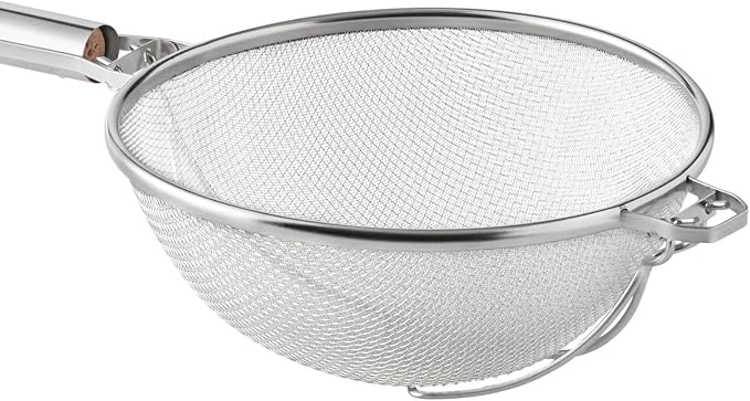 Soro Essentials- 12" Double Tinned Fine Mesh Strainer with Reinforced Bands Pan Hook Wooden Handle- Food Sieve Strainer Kitchen Mesh Strainer Utensil for Cooking Rice Quinoa Pasta Fruits Vegetable