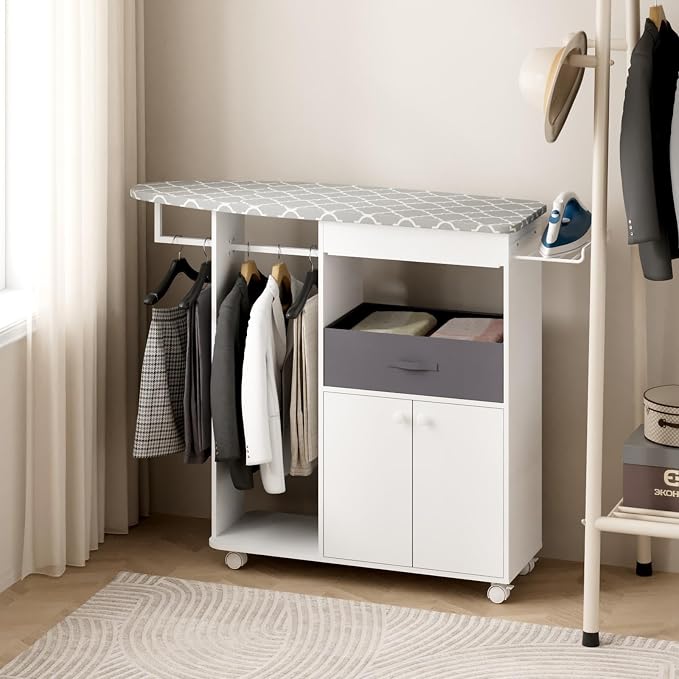 Rolling Ironing Board with Storage Cabinet, Wooden Ironing Board Cabinet with Drawer, Compact Space-Saving Ironing Table with Iron Rest Rack for Laundry Room, Living Room (One Size, Curvilinear)