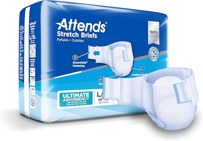 Attends Stretch Adult Incontinence Disposable Briefs, Large/X-Large, 40"-70" Waist with SecureGrip Tab Closure, Ultimate Absorbency with Dry-Lock Containment Core and Breathable Side Panels, 24ct Bag