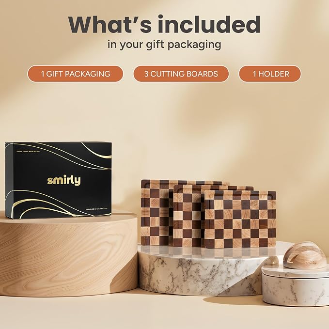 SMIRLY Cutting Board for Kitchen, 3 Pcs Rubberwood Cutting Board with Stand | Non Toxic Checkered Cutting Board with Juice Grooves and Handles, Multiple Sizes Wood Chopping Boards for Meal Prep