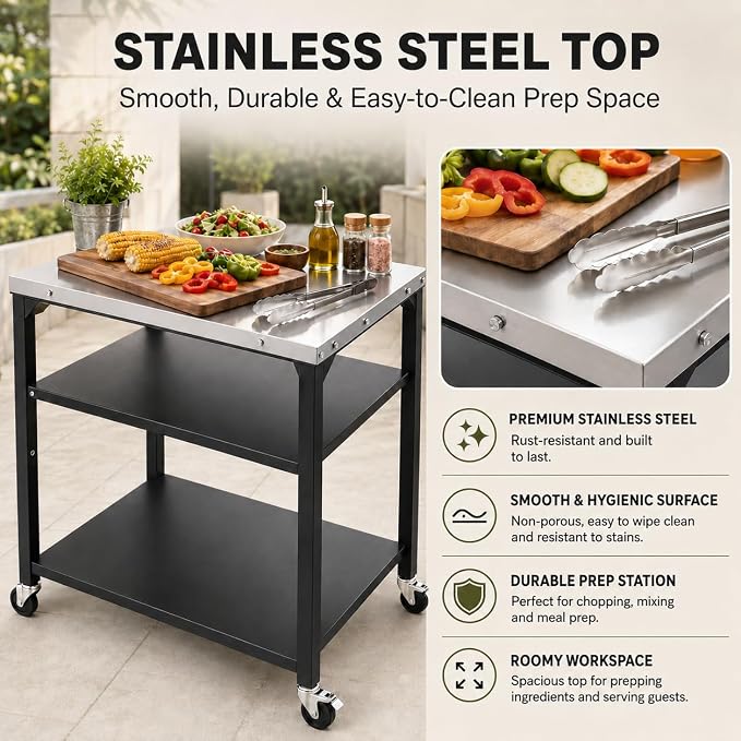 Hisencn 3-Tier Pizza Oven Table, Stainless Steel Outdoor Grill Prep Cart | 32x24 Inch Stainless Steel Grill Table for Pizza Ovens,Blackstone,Cuisinart,Portable Food Station with Hooks&Lockable Wheels