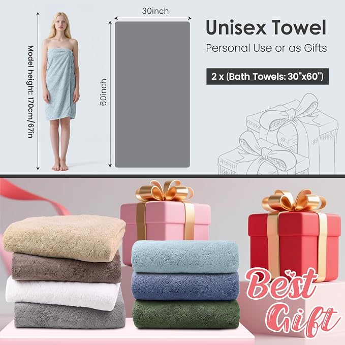 JML Bath Towels, Pack of 2, 30 in x 60 in, Light Blue | Hanging Loop, Super Soft, Absorbent, Lint Free, Fade Resistant, Lightweight, Quick Dry, Use for SPA , Sauna, Salon Hair Wrap