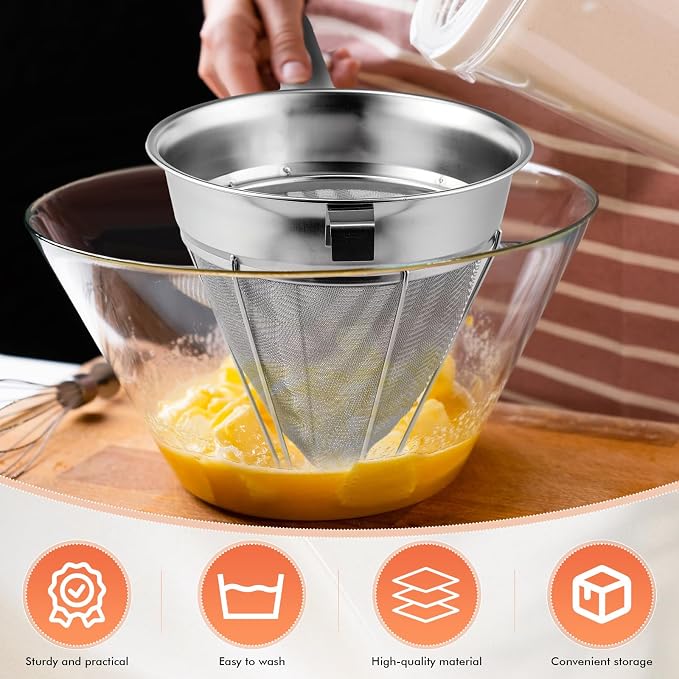 Nuogo 2 Set Stainless Steel Chinois Strainer Fine Mesh Metal Food Bouillon Sieve Strainer Cone Fine Mesh Strainer with Handle and Silicone Spatula for Sauce Jam Jelly Tea(10 Inch+8 Inch)