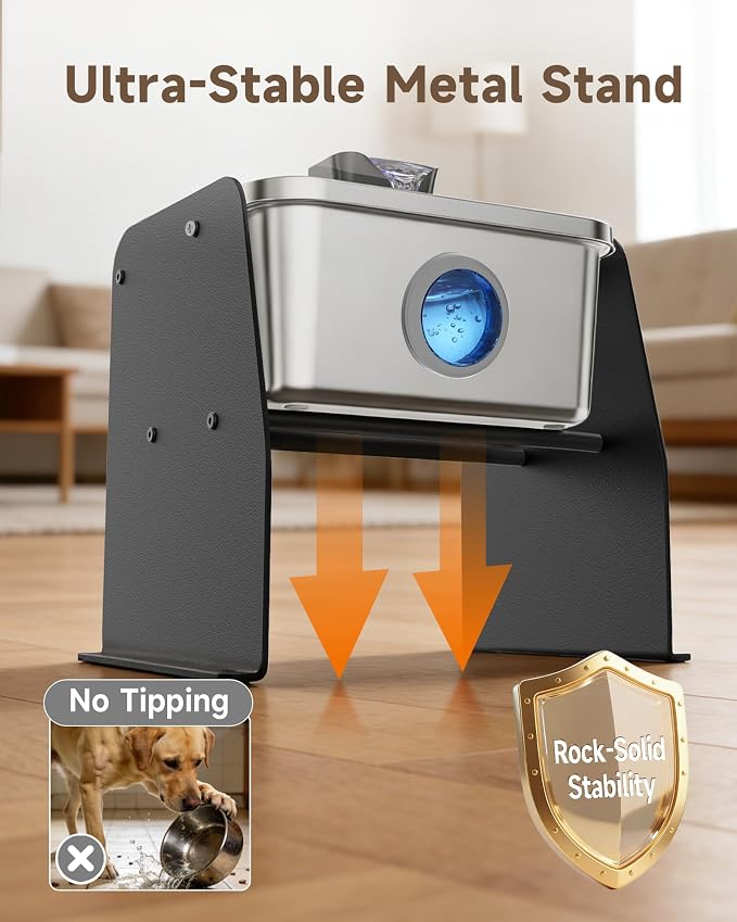12L/3.2Gal Dog Water Fountain Elevated, Stainless Steel Pet Water Fountin with Adjustable Metal Stand, Raised Automatic Dog Water Bowl Dispenser for Large Dogs, Quiet Dog Fountain with Water Window