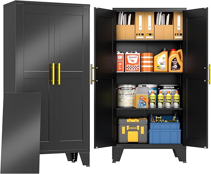 PAOFIN Metal Storage Cabinet with 2 Doors and 3 Adjustable Shelves, Metal Garage Storage Cabinets, File Cabinet,Steel Tool Cabinets for Home,Office,Garage,School,Warehouse(Black)