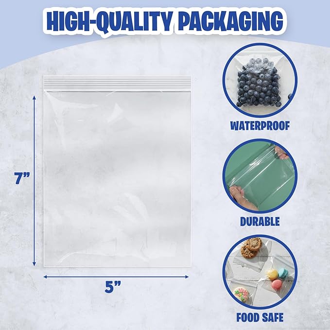 Seal Fresh 5" x 7" (1000 Count) 2 Mil Clear Reclosable Zip Plastic Poly Bags — 5x7 Bag Clear Reclosable Zipper Seal for Treats, Crafts, Jewelry, Party Favors, Small Food Storage