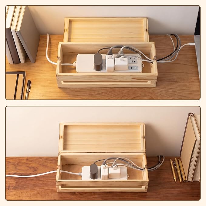 Changsuo Cable Management Box Wooden Cord Organizer Box for Extension Cord Power Stripe Surge Protector Wire Management Concealer Cover Hider for Desktop Home Office Kitchen (Carbonized Brown)