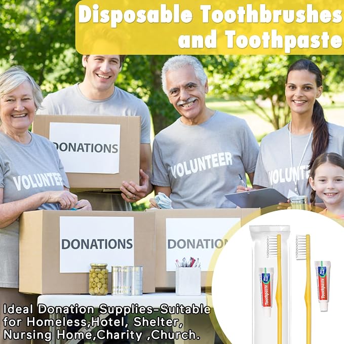 HOFASON Disposable Toothbrushes with Toothpaste Pack of 30, Yellow Hollow Travel Toothbrush Set with 5g Bulk Toothpaste Individually Wrapped for Homeless, Nursing Home, Shelter, Hotel