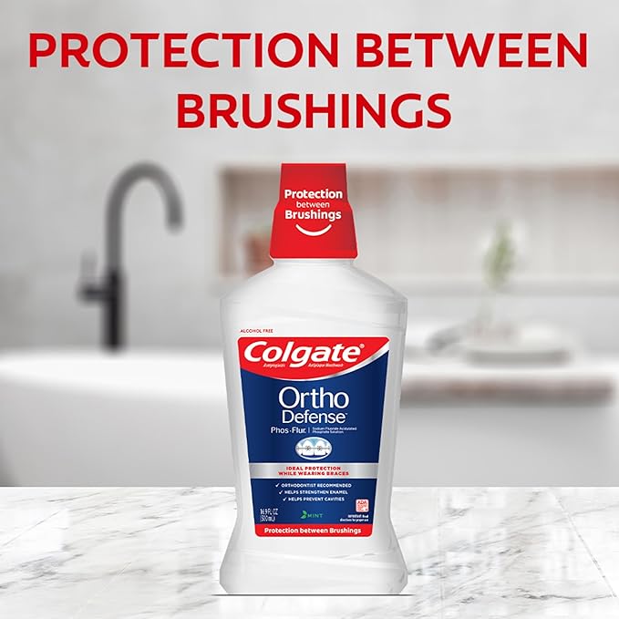 Colgate Ortho Defense Phos-Flur Anticavity Mouthwash, Alcohol Free Mouthwash for Braces, Made with Fluoride and Phosphate to Reduce White Spots and Help Prevent Cavities, Mint, 16.9 Fl Oz Bottle